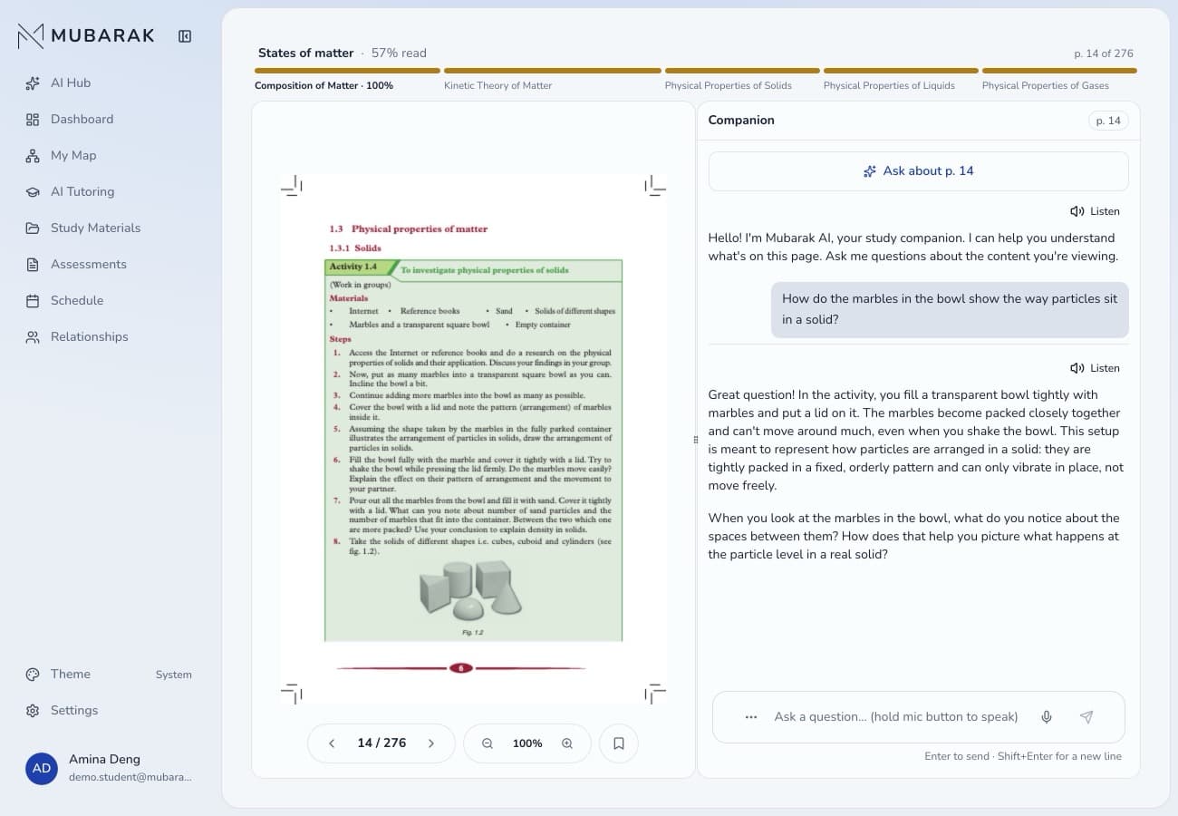 Physics textbook open in the study viewer with the AI Companion answering about the page